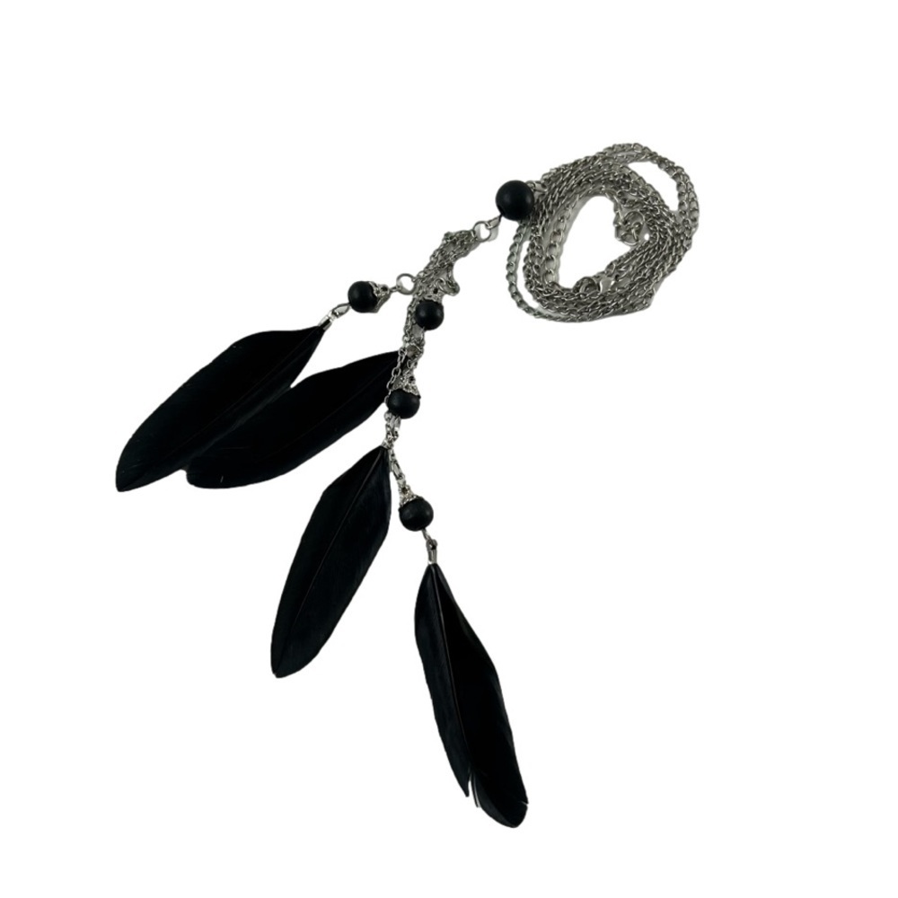 Long Black Feather and SilverTone Necklace